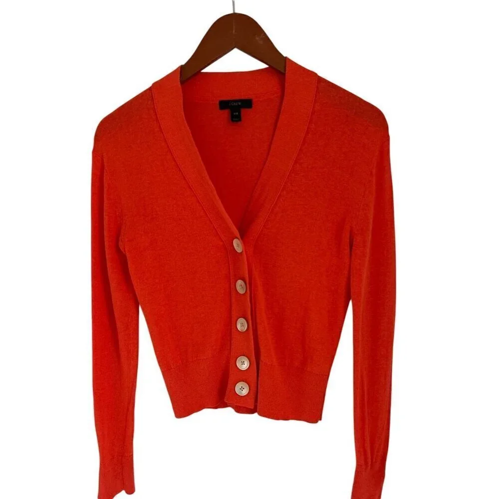 J.Crew Cardigan Orange/Red Cotton Blend V-Neck Buttons Ribbed Hem